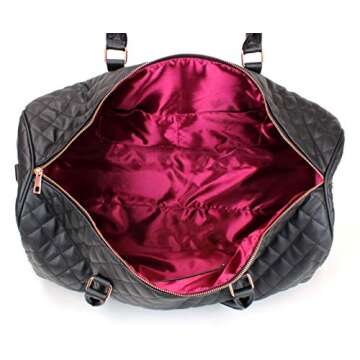 Women's Quilted Leather Weekender Travel Duffel Bag With Rose Gold Hardware - Large 22" Size - Cute Satin Inner Lining - Black