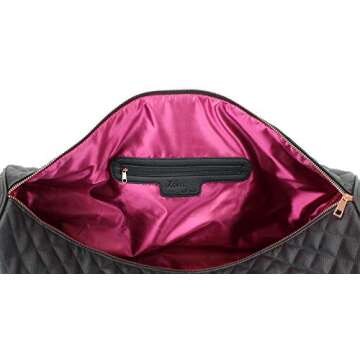 Women's Quilted Leather Weekender Travel Duffel Bag With Rose Gold Hardware - Large 22" Size - Cute Satin Inner Lining - Black