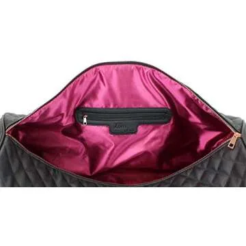 Women's Quilted Leather Weekender Travel Duffel Bag With Rose Gold Hardware - Large 22" Size - Cute Satin Inner Lining - Black