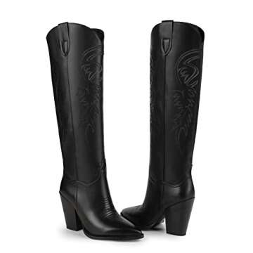 ISNOM Black Cowboy Boots for Women Cowgirl Boots for Women Western Boots Women Knee High Cowboy Boots for Women Knee High Western Boots Tall Cowboy Boots Women Wide Calf Cowboy Boots