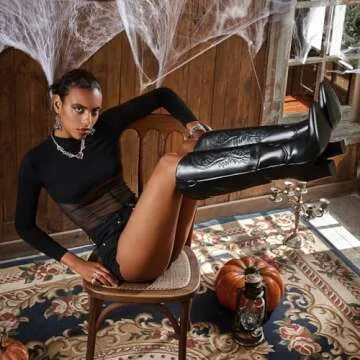 ISNOM Black Cowboy Boots for Women Cowgirl Boots for Women Western Boots Women Knee High Cowboy Boots for Women Knee High Western Boots Tall Cowboy Boots Women Wide Calf Cowboy Boots