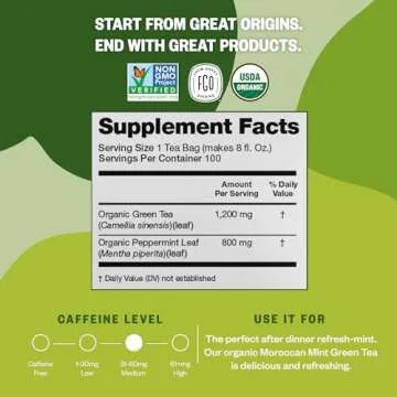 FGO Organic Moroccan Mint Green Tea, 100 Count, Eco-Conscious Tea Bags, Resealable Bag, Packaging May Vary (Pack of 1)