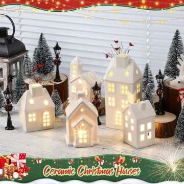 WinnerWhy 24 Pcs Christmas Village House LED Lighted Christmas Village Set Mini Christmas Tree Ceram...