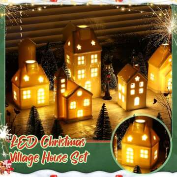 WinnerWhy 24 Pcs Christmas Village House LED Lighted Christmas Village Set Mini Christmas Tree Ceramic House Streetlight Branches Winter Village Accessories Ornament for Xmas Desktop Decor(5 Style)