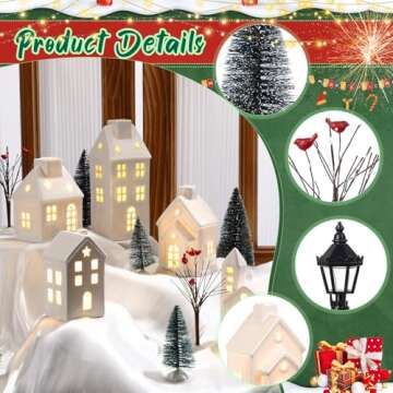 WinnerWhy 24 Pcs Christmas Village House LED Lighted Christmas Village Set Mini Christmas Tree Ceramic House Streetlight Branches Winter Village Accessories Ornament for Xmas Desktop Decor(5 Style)