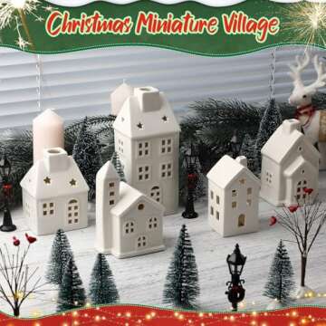 WinnerWhy 24 Pcs Christmas Village House LED Lighted Christmas Village Set Mini Christmas Tree Ceramic House Streetlight Branches Winter Village Accessories Ornament for Xmas Desktop Decor(5 Style)