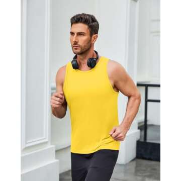 COOFANDY Mens Muscle Shirt Sleeveless Workout Tops for Men Tech Stretch Training Running Tank Top Undershirt Yellow/Blue XL