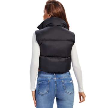 Fuinloth Women's Padded Vest, High Stand Collar Lightweight Zip Crop Puffy Gilet Black L