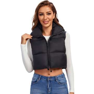 Fuinloth Women's Padded Vest, High Stand Collar Lightweight Zip Crop Puffy Gilet Black L