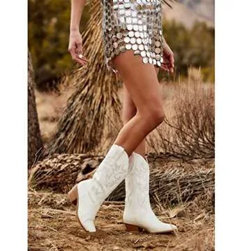 MUCCCUTE Women's Western Cowgirl Cowboy Boots Embroidered Stitching Point-Toe Boot Fashion Retro Block Heel Pull-On Wide-Calf Boots Size 8