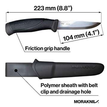 Morakniv Companion Stainless Steel Fixed-Blade Knife with Sheath, 4.1 Inch,Black