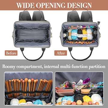 Knitting Bag Backpack, Yarn Organizer with USB Charging Port, Quilted Backpack for Women, Mothers Day Gifts Large Travel Crochet Bag Totes for Crochet Hooks, Knitting Needles, Yarn Supplies, Black