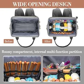 Knitting Bag Backpack, Yarn Organizer with USB Charging Port, Quilted Backpack for Women, Mothers Day Gifts Large Travel Crochet Bag Totes for Crochet Hooks, Knitting Needles, Yarn Supplies, Black
