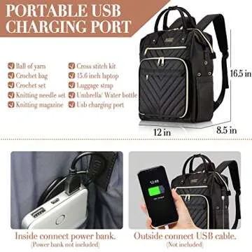 Knitting Bag Backpack, Yarn Organizer with USB Charging Port, Quilted Backpack for Women, Mothers Day Gifts Large Travel Crochet Bag Totes for Crochet Hooks, Knitting Needles, Yarn Supplies, Black