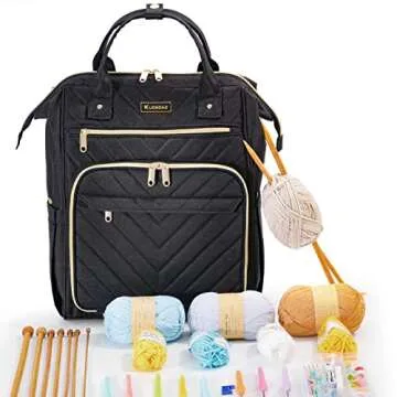 Knitting Bag Backpack, Yarn Organizer with USB Charging Port, Quilted Backpack for Women, Mothers Day Gifts Large Travel Crochet Bag Totes for Crochet Hooks, Knitting Needles, Yarn Supplies, Black