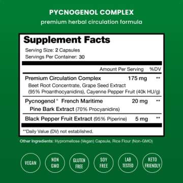NutraChamps Pycnogenol French Maritime Pine Bark Extract, Premium Circulation Complex, Blood Flow, N...