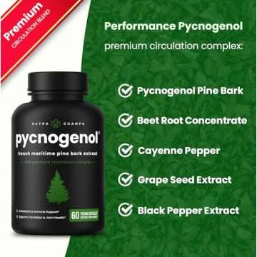 NutraChamps Pycnogenol French Maritime Pine Bark Extract, Premium Circulation Complex, Blood Flow, Nitric Oxide Production, Superior Absorption, Results with Black Pepper Extract, 60 Capsules
