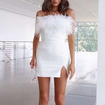 SOLILOQUY Women's Sexy Feather Party Coctail Dress Faux Fur Trim Elegant Spaghetti Strap Bodycon Mini Dress Evening Club Wear (E-White Off Shoulder Tube Dress, Small)