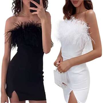 SOLILOQUY Women's Sexy Feather Party Coctail Dress Faux Fur Trim Elegant Spaghetti Strap Bodycon Mini Dress Evening Club Wear (E-White Off Shoulder Tube Dress, Small)