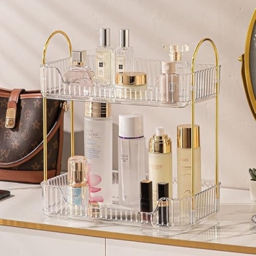 shuang qing Bathroom Counter Organizer Countertop Storage, Cosmetics Skincare Shelf Organizer, Makeup Organizer Perfume for Dresser Vanity Tray, Spice Rack Organizer for Kitchen(2 Tier-Clear)