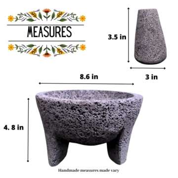 LINDO Brand 8.6 inch Molcajete Mortar and Pestle, Mexican Handmade with Lava Stone