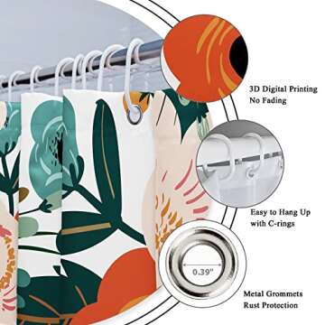 Riyidecor Fabric Floral Colorful Bright Shower Curtain for Bathroom Decor 72Wx72H Inch Spring Red Flower Green Leaves Boho Bathtub Accessories Botanical Decorative Set Waterproof 12 Pack Hook WW-YHX9