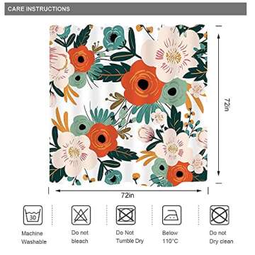 Riyidecor Fabric Floral Colorful Bright Shower Curtain for Bathroom Decor 72Wx72H Inch Spring Red Flower Green Leaves Boho Bathtub Accessories Botanical Decorative Set Waterproof 12 Pack Hook WW-YHX9
