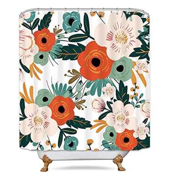 Riyidecor Fabric Floral Colorful Bright Shower Curtain for Bathroom Decor 72Wx72H Inch Spring Red Flower Green Leaves Boho Bathtub Accessories Botanical Decorative Set Waterproof 12 Pack Hook WW-YHX9