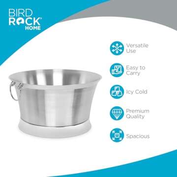 BIRDROCK HOME Double Wall Beverage Tub - Stainless Steel Ice Bucket, Metal Drink Cooler with Handles...