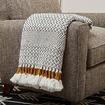 Amazon Brand - Rivet Modern Hand-Woven Stripe Fringe Throw Blanket, 50" x 60", Grey/White With Mustard Yellow