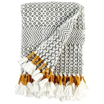 Amazon Brand - Rivet Modern Hand-Woven Stripe Fringe Throw Blanket, 50" x 60", Grey/White With Mustard Yellow