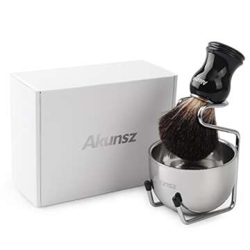 Pure Badger Hair Shaving Brush, AKUNSZ Shaving Kit for Men: Black Handle Shaving Brush for Men + 3.2" Stainless Steel Shaving Bowl + Shaving Brush Stand - Shave Brush and Bowl Set