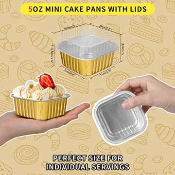 Aluminum Foil Mini Square Baking Cups,HEYYUMI 50pcs 5oz Disposable Ramekins with Lids,Mini Cake Pans,Cupcake Cups Muffin Tins Liners,Individual Dessert Containers Flans for Brownie Cheesecake(Golden)
