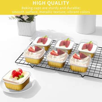 Aluminum Foil Mini Square Baking Cups,HEYYUMI 50pcs 5oz Disposable Ramekins with Lids,Mini Cake Pans,Cupcake Cups Muffin Tins Liners,Individual Dessert Containers Flans for Brownie Cheesecake(Golden)