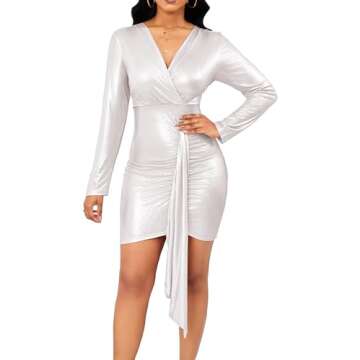 Yiershu Sexy V Neck Dresses For Women Dress Bodycon Long Sleeve Ruched Mini Dresses Pencil Clubwear Belt For Evening Party