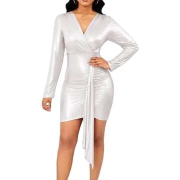 Yiershu Sexy V Neck Dresses For Women Dress Bodycon Long Sleeve Ruched Mini Dresses Pencil Clubwear Belt For Evening Party