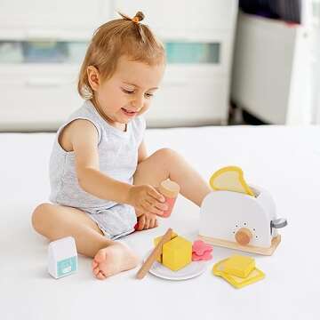 TOOKYLAND Wooden Pop Up Toaster Play Set, Play Toaster for Kid Kitchen, Wooden Play Kitchen Set with Accessories (10 pcs)…