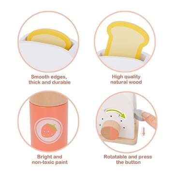TOOKYLAND Wooden Pop Up Toaster Play Set, Play Toaster for Kid Kitchen, Wooden Play Kitchen Set with Accessories (10 pcs)…