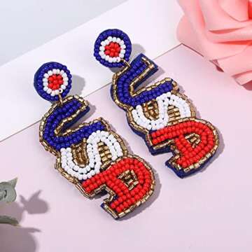 American Flag Earrings Beaded 4th of July Patriotic Earrings for Women Handmade USA Windmill Star He...