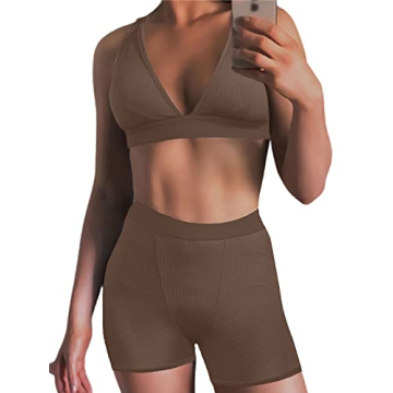 Ekaliy Women's Stylish 2-Piece Workout Set in Coffee