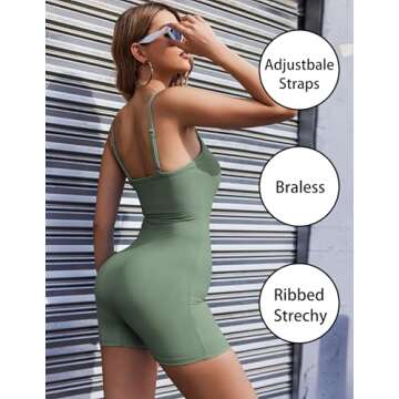 Ekouaer Unitard Romper Ribbed Workout Jumpsuits for Women One Piece Rompers Yoga Green Clothes Green Spruce S