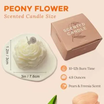 White Peony Flower Shape Candles for Women Friends Colleague Classmates Gift, 3 Inch Pastel Aesthetic Scented Candle with English Pears & Freesia Scent