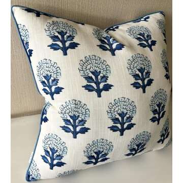 YugTex Babur Floral Printed Decorative Square Accent Throw Pillow Cover - Decor for Living Room, Sofa, Chair, Patio, Car, Balcony, Bench, Porch, Nursery, Office, Bedroom - 20x20 Inches, Blue