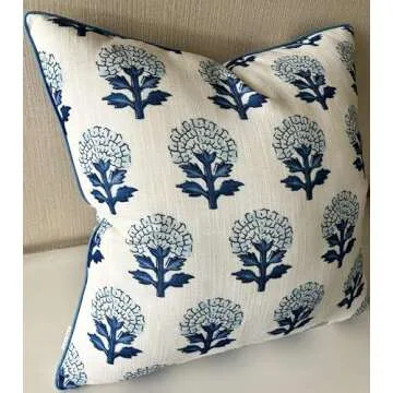 YugTex Babur Floral Printed Decorative Square Accent Throw Pillow Cover - Decor for Living Room, Sofa, Chair, Patio, Car, Balcony, Bench, Porch, Nursery, Office, Bedroom - 20x20 Inches, Blue