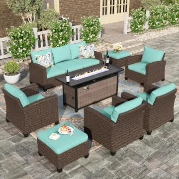 HERA'S HOUSE Patio Furniture Sets with Fire Pit Table, Outdoor Wicker Rattan Chairs w/Waterproof Cus...