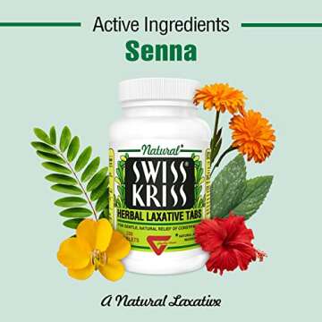 Swiss Kriss Herbal Laxative Tablets, Gentle & Natural Laxatives for Constipation Relief for Adults & Children Over Age 6, Works in 6-12 Hours, Senna Laxative, 250 Tablets Total