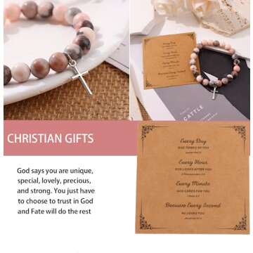 FIRAZIO 8Pcs Christian Gifts for Women Men, Inspirational Gifts Natural Stone Cross Bracelet with Bi...