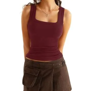 EasyGala Women’s Stylish Square Neck Ribbed Tank Top - Wine Red