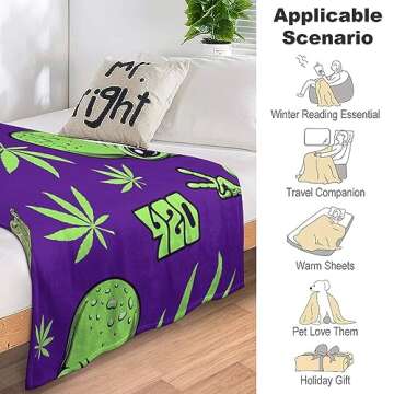 Lightweight Flannel Blanket for Men Boys, Compatible with Alien Cannabis Pattern, Small Large Warmer Fall Throw Blanket, Cute Fleece Blanket for Couch Bed Sofa Chair, Queen King Size Blankets