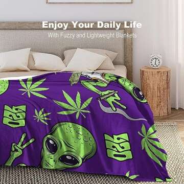 Lightweight Flannel Blanket for Men Boys, Compatible with Alien Cannabis Pattern, Small Large Warmer Fall Throw Blanket, Cute Fleece Blanket for Couch Bed Sofa Chair, Queen King Size Blankets